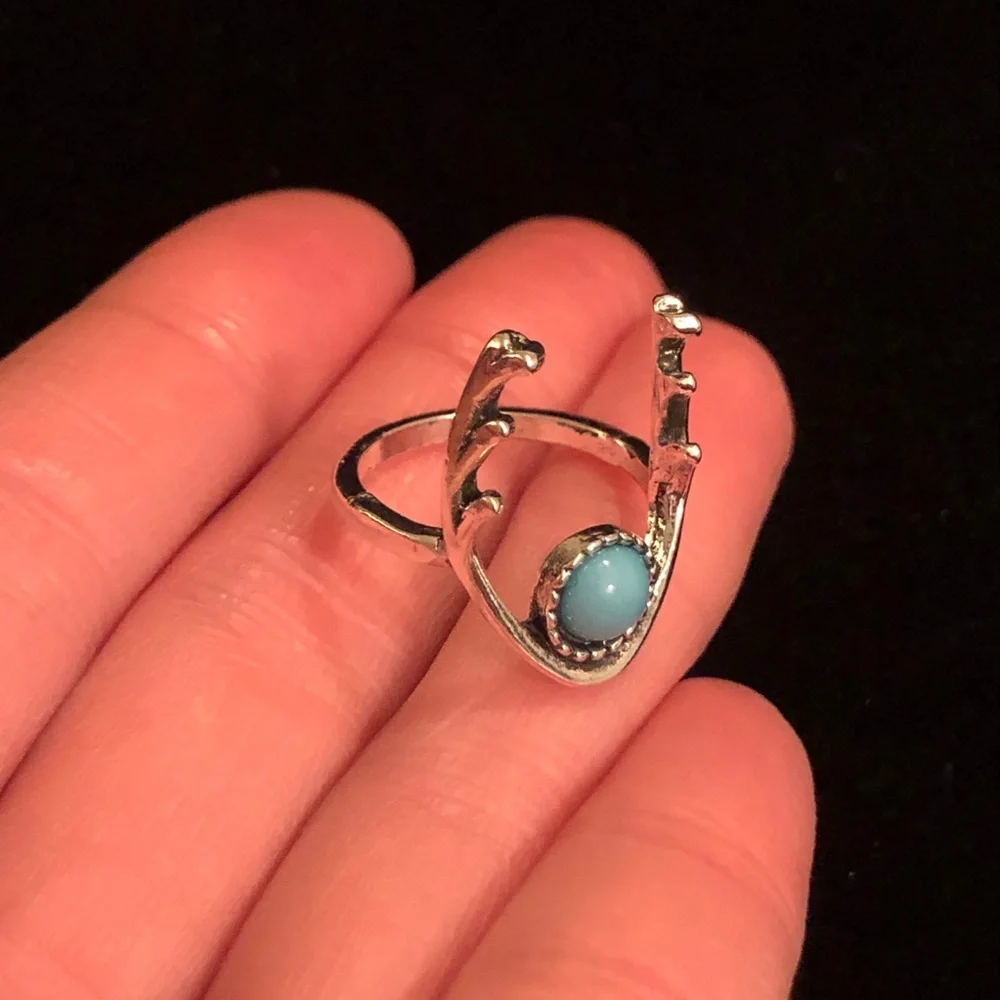 Silver Tone Deer Antler Turquoise Ring